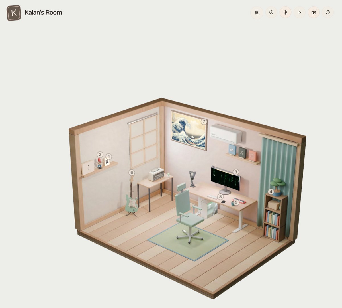 Panorama of the room on room.kalan.dev, with numbered hints 1 through 8 next to clickable objects
