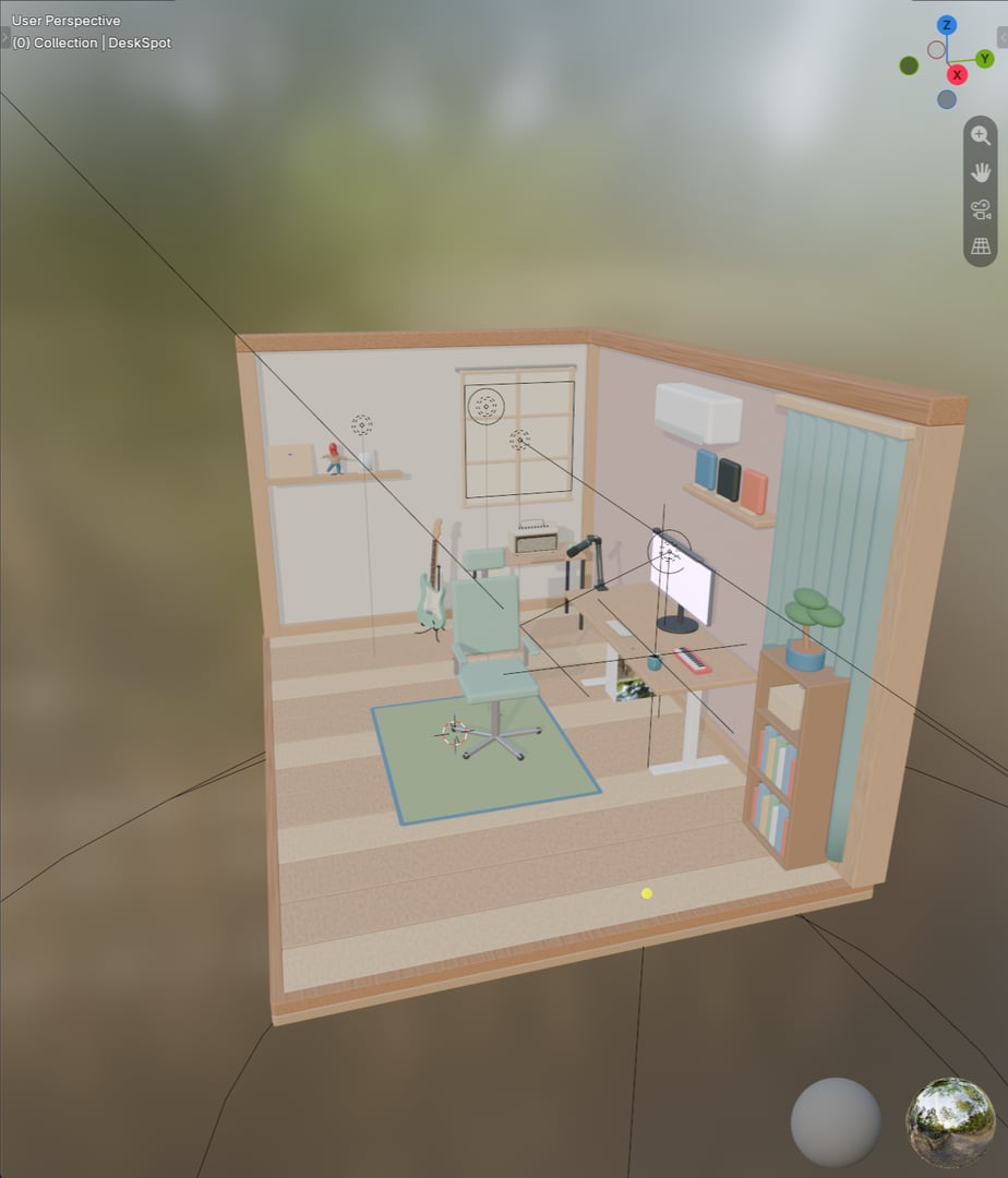 The shaded room in Blender, with three cubes representing social media sites added to the wall shelf