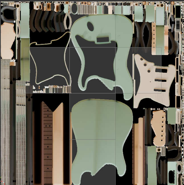 UV unwrapping of the electric guitar, with the body, neck, and pickguard flattened onto a single texture map