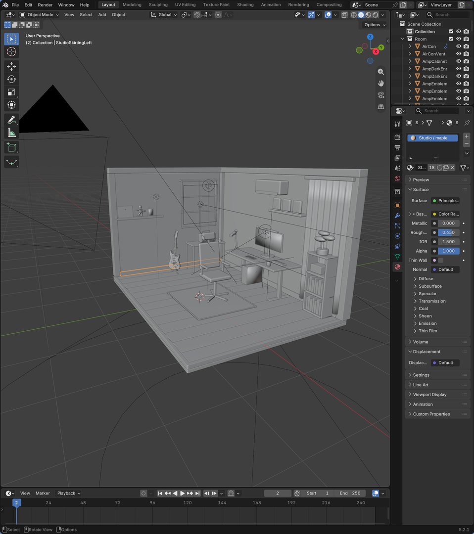 Unshaded clay model of the room in Blender, with the Outliner on the right listing named objects like AirCon and AmpCabinet